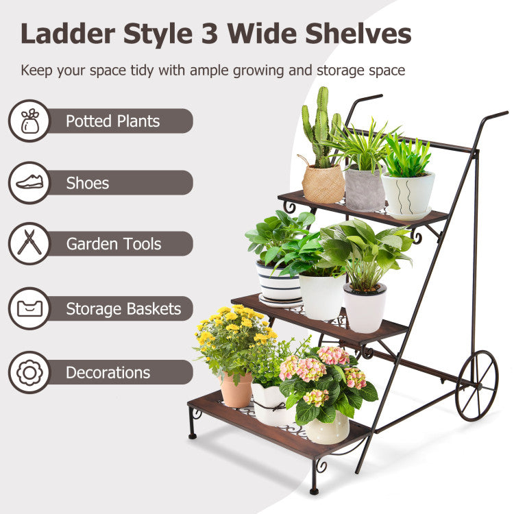 3-Tier Metal Plant Stand with Wheels and Handle for the Balcony