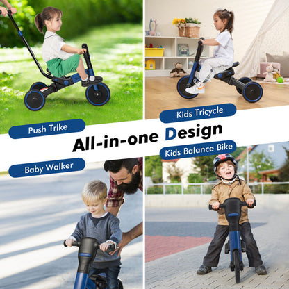4-in-1 Kids Tricycle with Adjustable Push Handle and Detachable Pedals