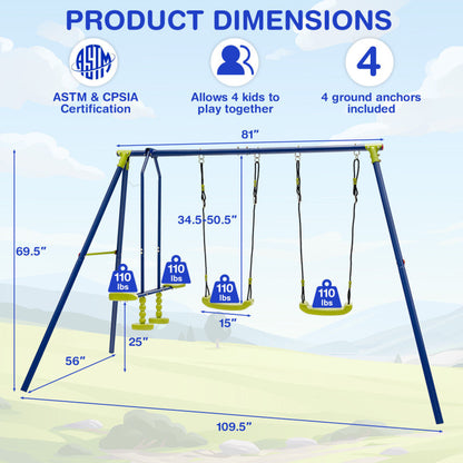 440 Pound Kids Swing Set with Two Swings and One Glider