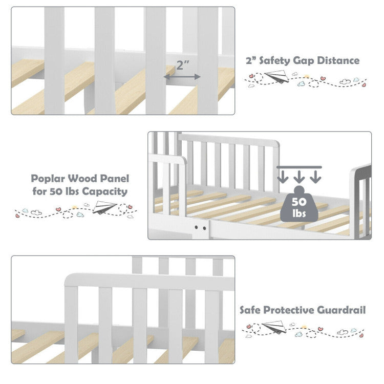 Classic Wooden Toddler Bed Frame with Two Side Safety Guardrails