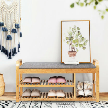 Entryway 3-Tier Bamboo Shoe Rack Bench with Cushion
