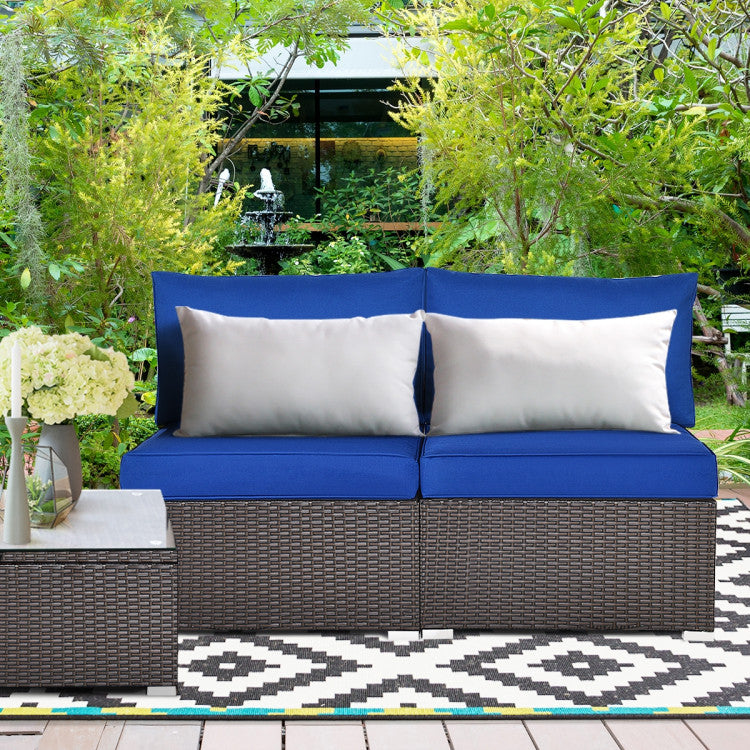 2 Piece Patio Rattan Armless Sofa Set with 2 Cushions and 2 Pillows