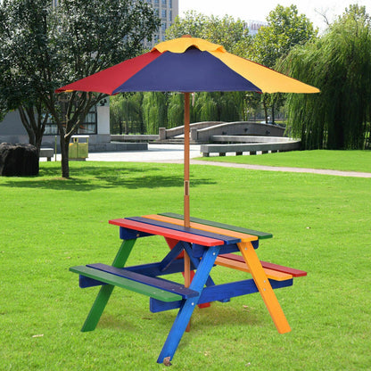 4-Seat Outdoor Kids Picnic Table Bench Set with Removable Umbrella