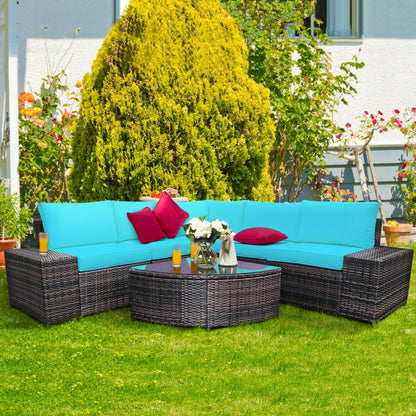 6-Piece Wicker Patio Sectional Sofa Set with Tempered Glass Coffee Table