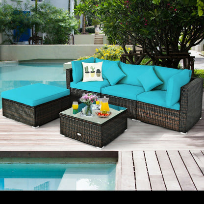 5 Piece Outdoor Patio Rattan Furniture Set Sectional Conversation with Cushions