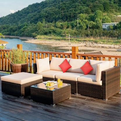 5 Piece Outdoor Patio Rattan Furniture Set Sectional Conversation with Cushions