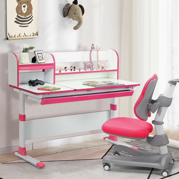 Adjustable-Height Study Desk with Drawer and Tilted Desktop for School and Home