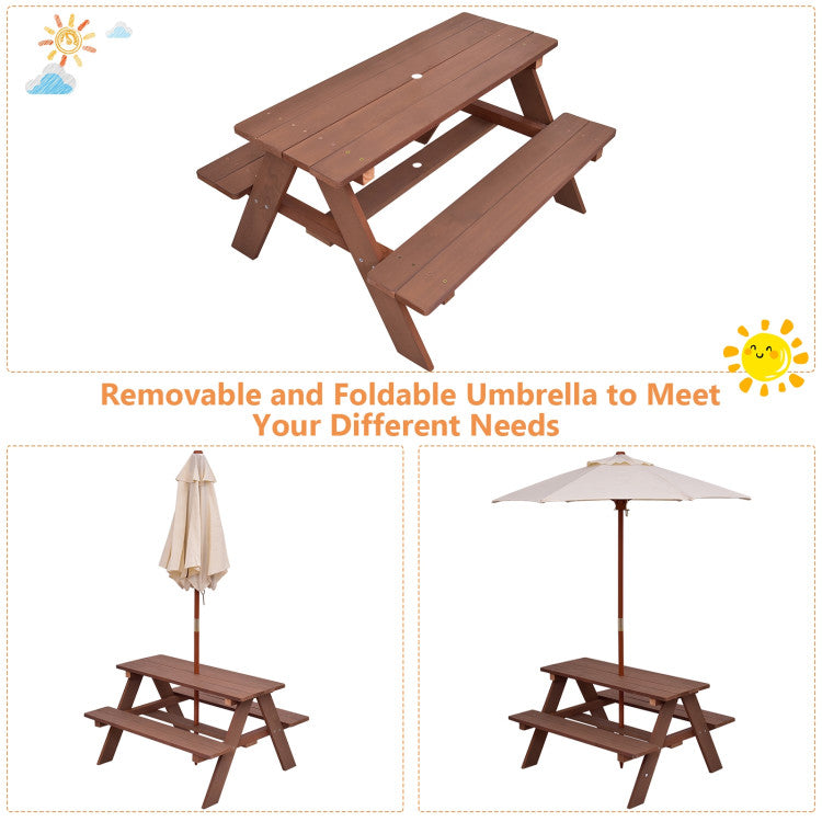 4-Seat Outdoor Kids Picnic Table Bench Set with Removable Umbrella