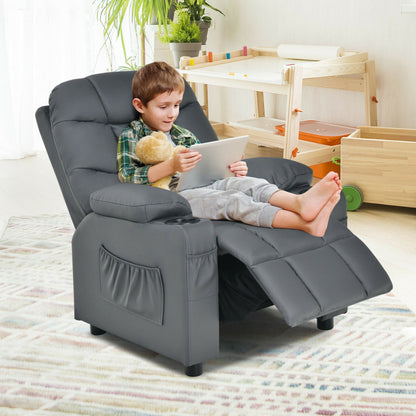 Kids PU Leather/Velvet Fabric Kids Recliner Chair with Cup Holders