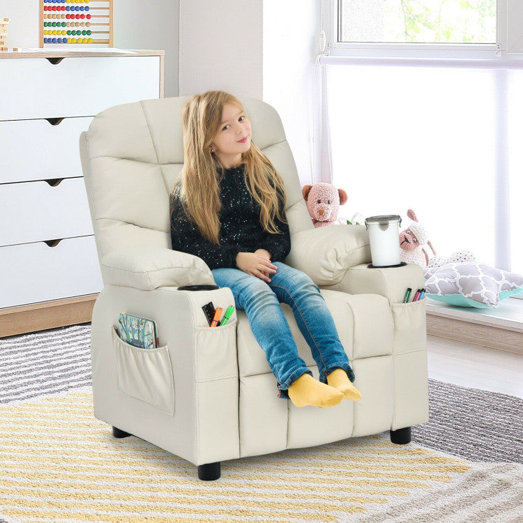 Kids PU Leather/Velvet Fabric Kids Recliner Chair with Cup Holders