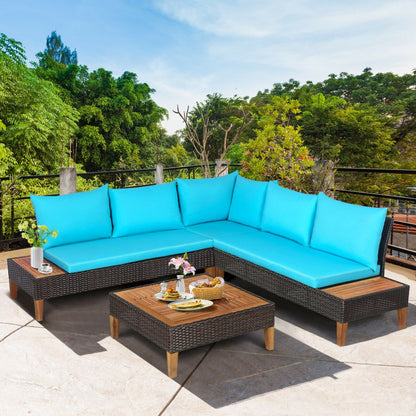 4 Piece Patio Cushioned Rattan Furniture Set with Wooden Side Table