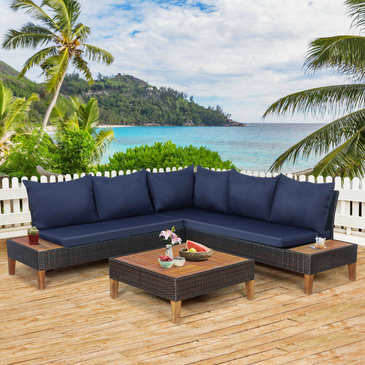 4 Piece Patio Cushioned Rattan Furniture Set with Wooden Side Table