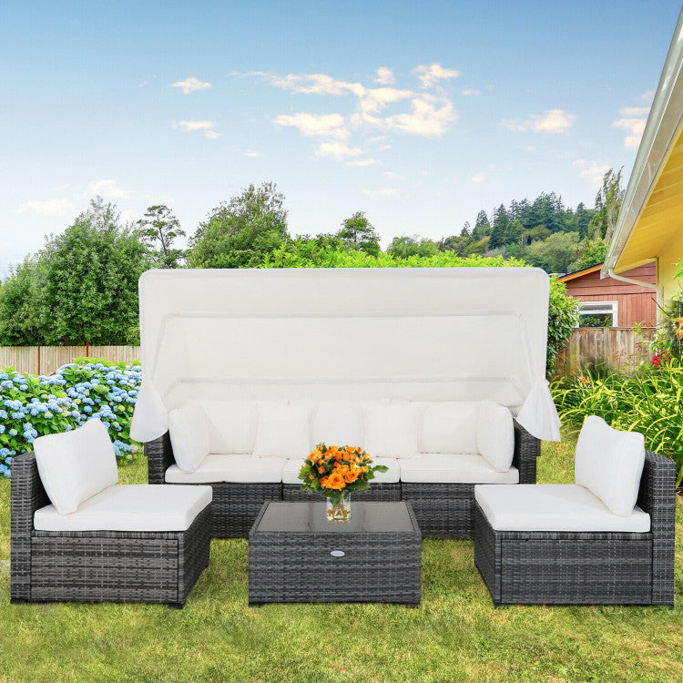 6 Piece Patio Rattan Furniture Set with Retractable Canopy