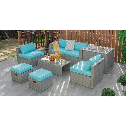 8-Piece Patio Cushioned Rattan Furniture Set with Storage and Waterproof Cover