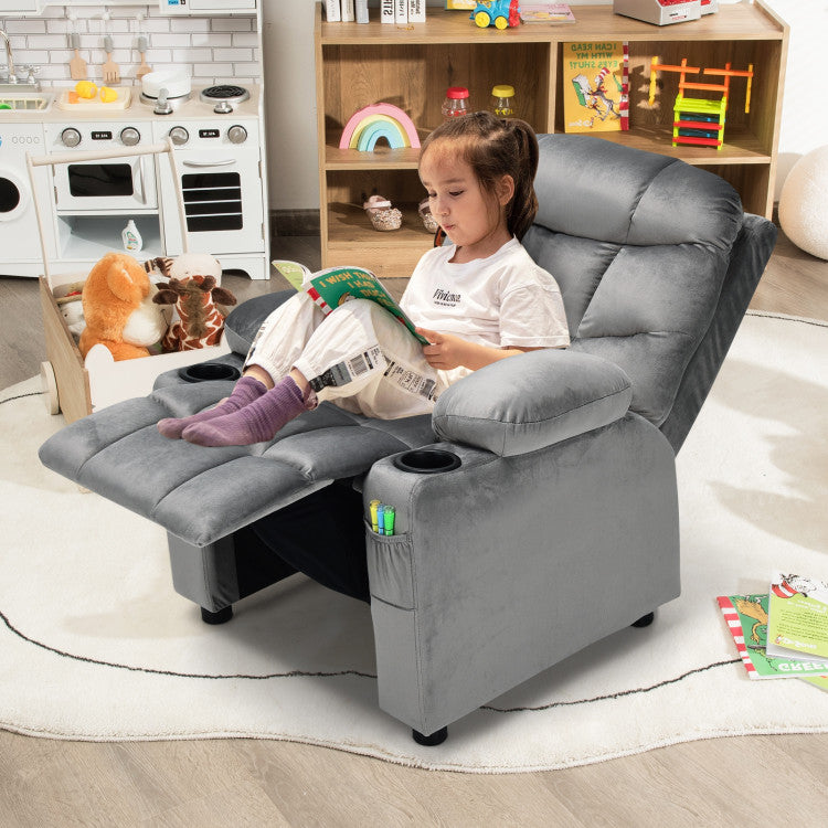 Kids PU Leather/Velvet Fabric Kids Recliner Chair with Cup Holders