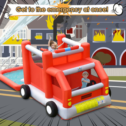 Fire Truck Themed Inflatable Kids Bounce House with 480W Blower