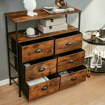 2-Tier Storage Chest with Wooden Top and 6 Fabric Drawers