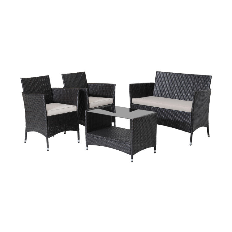 4 Piece Patio Conversation Set with Soft Cushions and Tempered Glass Tabletop