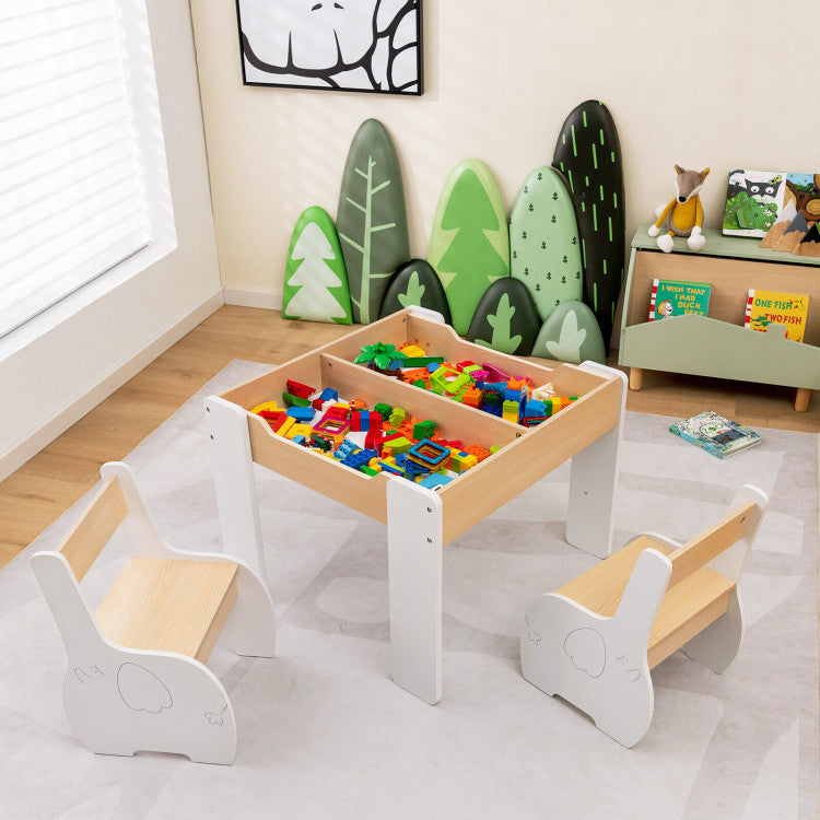 4-in-1 Wooden Activity Kids Table and Chairs with Storage and Detachable Blackboard