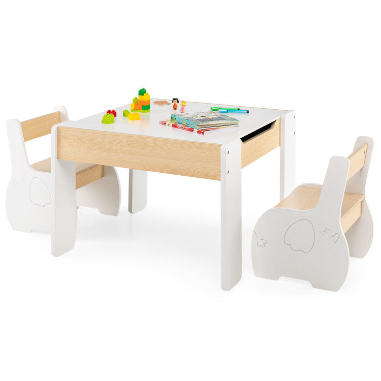 4-in-1 Wooden Activity Kids Table and Chairs with Storage and Detachable Blackboard