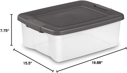 STERILITE Storage Tote, Clear/Gray, Polypropylene - Lid Locking Type Latches, Perfect for Shelf, 6.2 Gallon Capacity, 19 7/8 in L, 15 1/2 in W, 7 3/4 in H