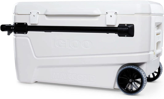 Igloo Chest Cooler White -  With Wheels, Portable Cooler, Plastic, 110 qt., Exterior Dimensions 39 11/16 in x 18 5/8 in x 19 3/4 in, Made in USA