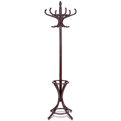 Wooden Standing Coat Rack Tree with 12 Hooks and Umbrella Stand