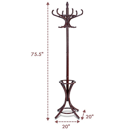 Wooden Standing Coat Rack Tree with 12 Hooks and Umbrella Stand