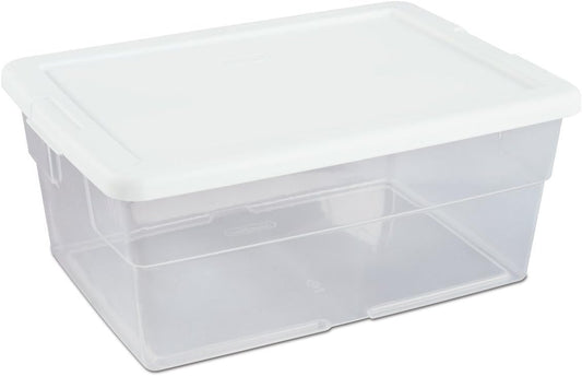 STERILITE Storage Tote - Clear with White Lid, Stackable Polypropylene Storage Bin with Snap-On Lid Locking, 4 gal, 16 3/4 in L x 11 7/8 in W x 7 in H
