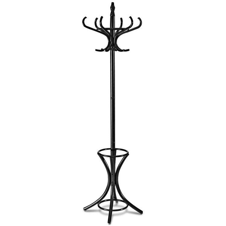 Wooden Standing Coat Rack Tree with 12 Hooks and Umbrella Stand