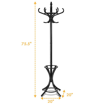 Wooden Standing Coat Rack Tree with 12 Hooks and Umbrella Stand