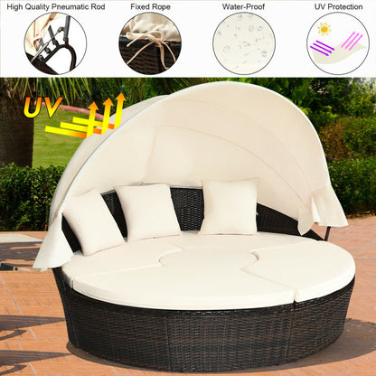 Patio Round Rattan Daybed with Retractable Canopy and Height-Adjustable Coffee Table