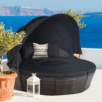 Patio Round Rattan Daybed with Retractable Canopy and Height-Adjustable Coffee Table