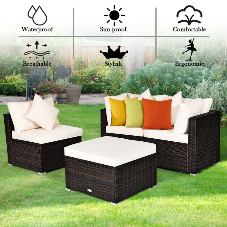 4 Piece Patio Rattan Furniture Set with Removable Cushions and Pillows