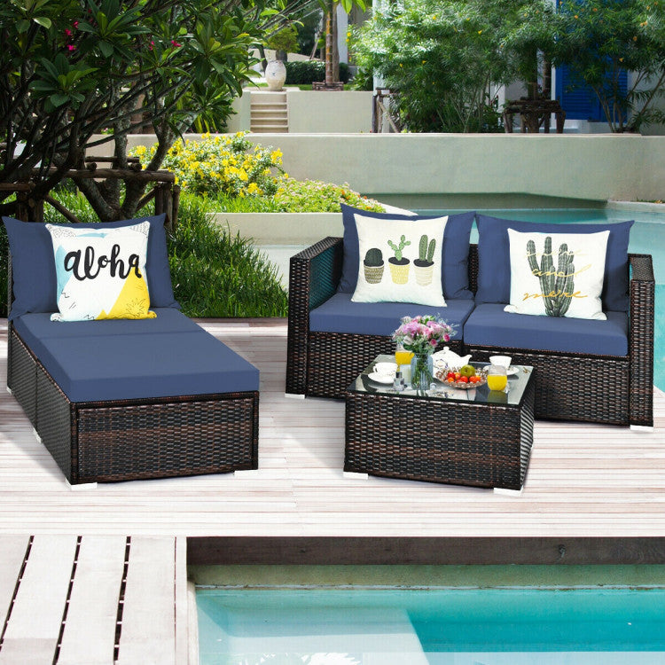 5 Pieces Patio Rattan Sectional Furniture Set with Cushions and Coffee Table