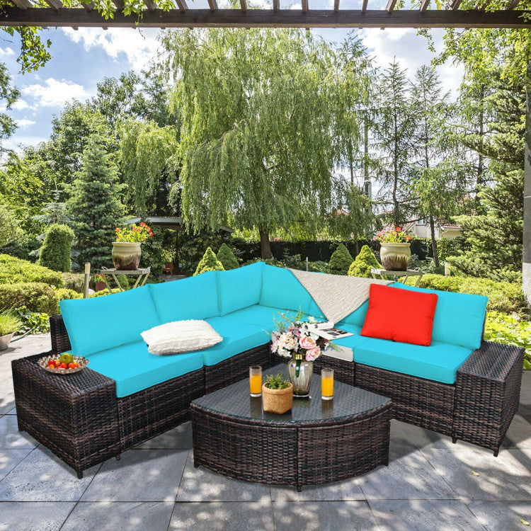 6-Piece Wicker Patio Sectional Sofa Set with Tempered Glass Coffee Table