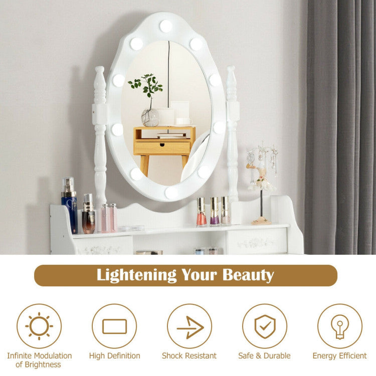 Makeup Vanity Dressing Table Set with Dimmable Bulbs and Cushioned Stool