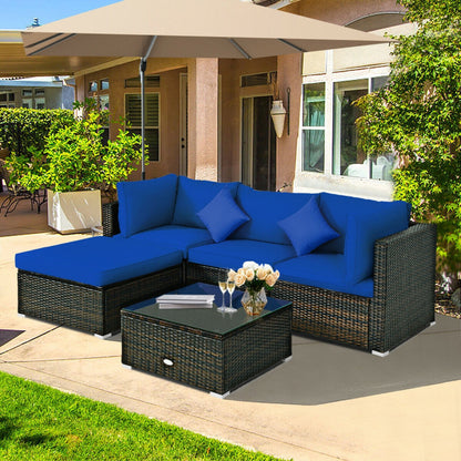 5 Piece Outdoor Patio Rattan Furniture Set Sectional Conversation with Cushions