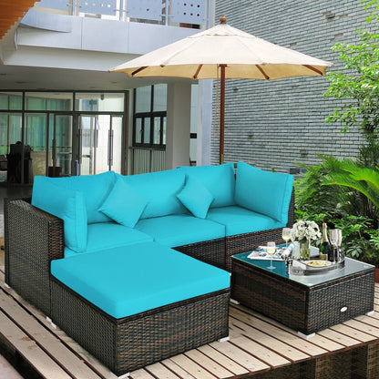 5 Piece Outdoor Patio Rattan Furniture Set Sectional Conversation with Cushions