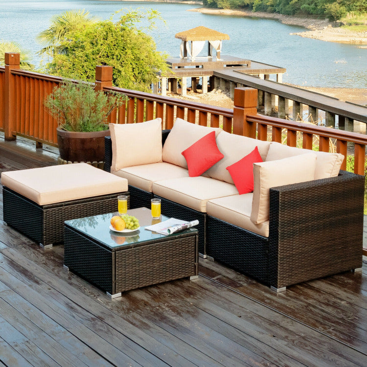 5 Piece Outdoor Patio Rattan Furniture Set Sectional Conversation with Cushions