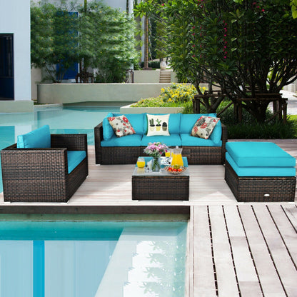 6 Piece Patio Rattan Furniture Set with Sectional Cushion