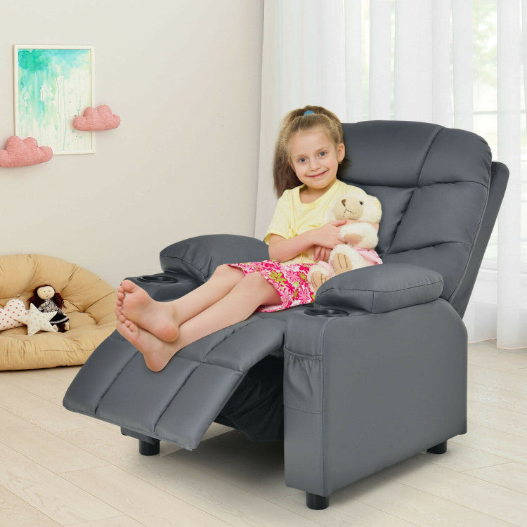 Kids PU Leather/Velvet Fabric Kids Recliner Chair with Cup Holders