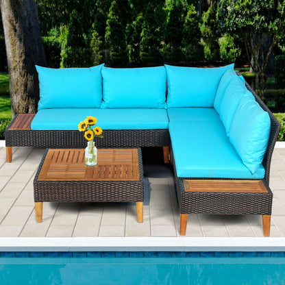 4 Piece Patio Cushioned Rattan Furniture Set with Wooden Side Table