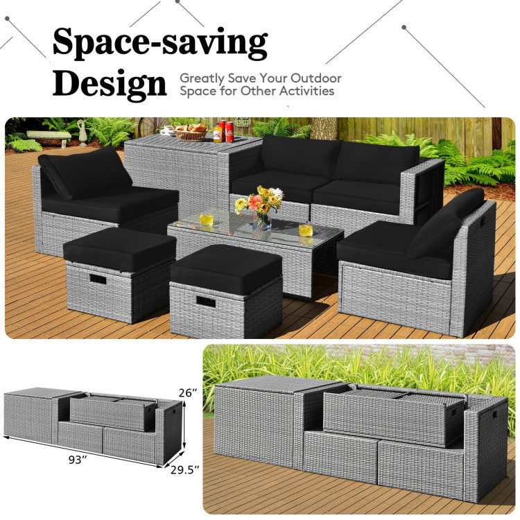 8-Piece Patio Cushioned Rattan Furniture Set with Storage and Waterproof Cover