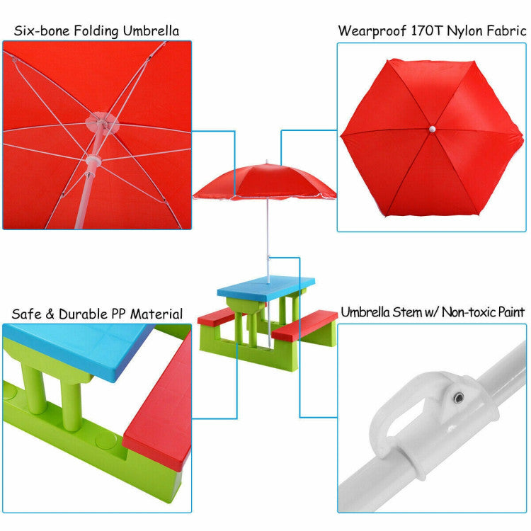 Kids Picnic Folding Table and Bench Set with Umbrella