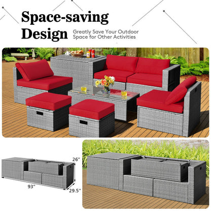 8-Piece Patio Cushioned Rattan Furniture Set with Storage and Waterproof Cover