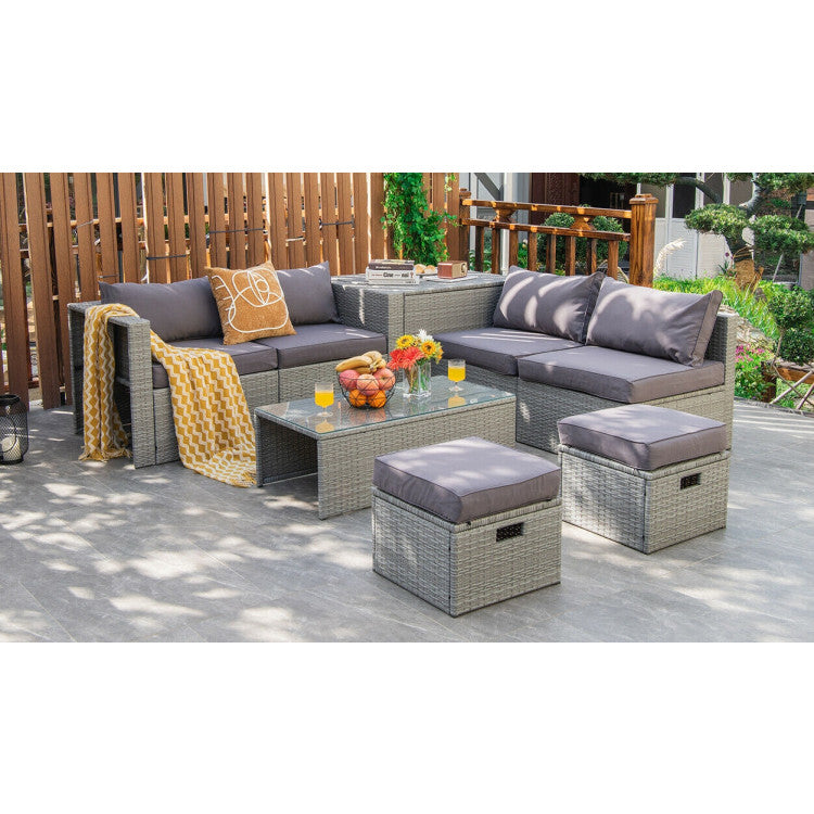 8-Piece Patio Cushioned Rattan Furniture Set with Storage and Waterproof Cover