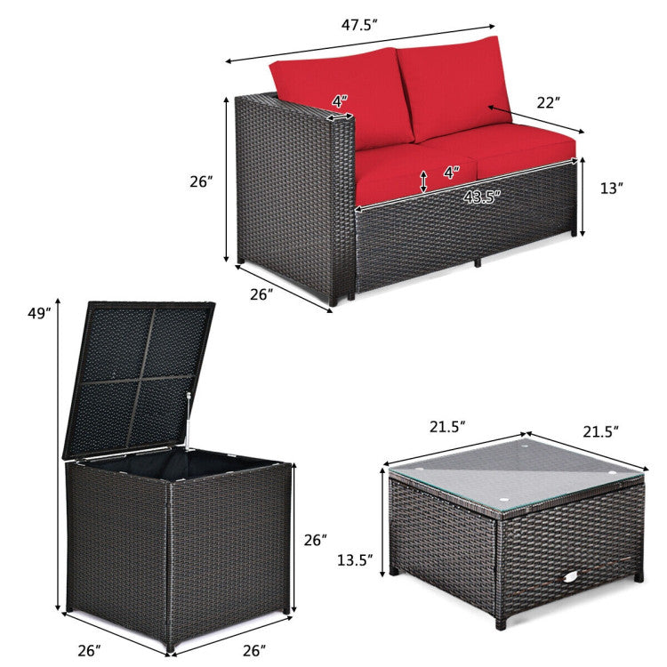 4 Piece Outdoor Patio Rattan Furniture Set with Loveseat and Storage Box