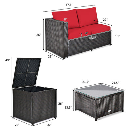 4 Piece Outdoor Patio Rattan Furniture Set with Loveseat and Storage Box