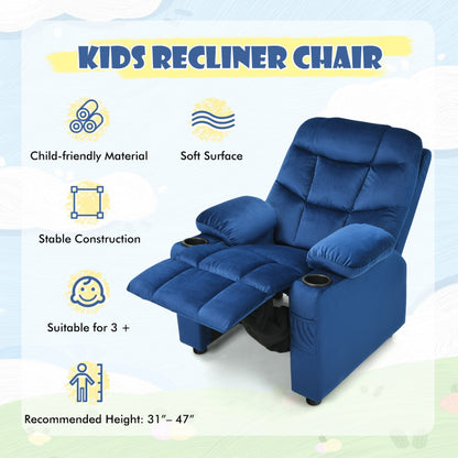 Kids PU Leather/Velvet Fabric Kids Recliner Chair with Cup Holders